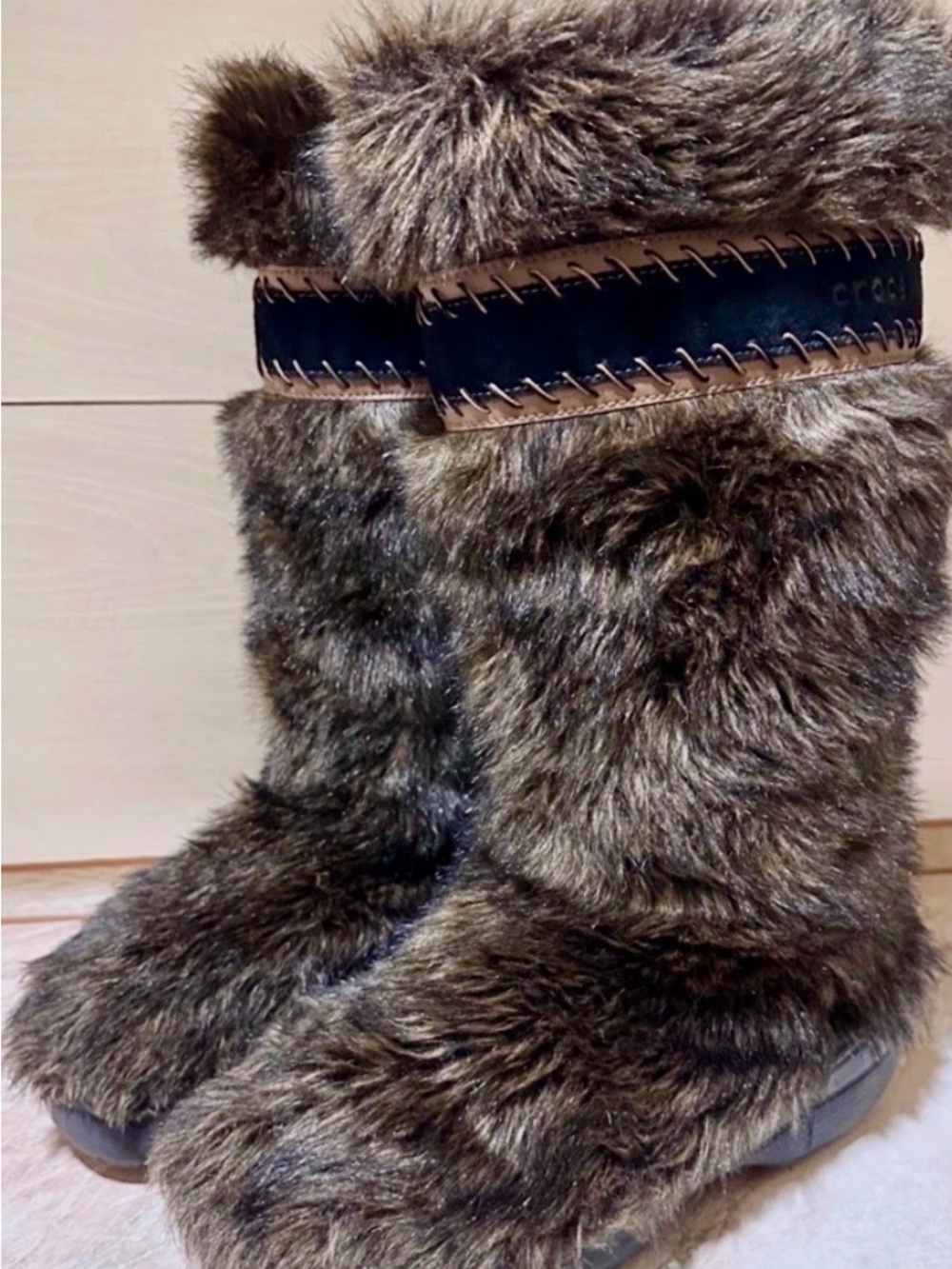 CROCS Faux Fur Tall Brown Booties with Contrast Stitching